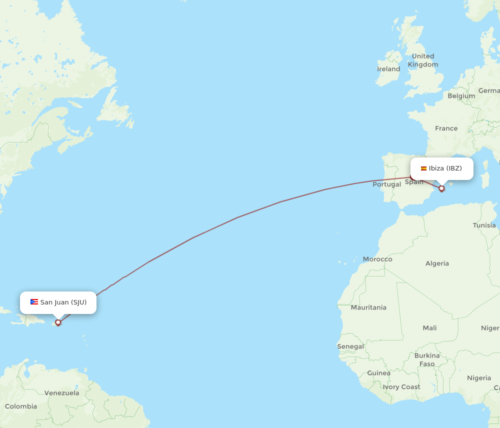 SJU to IBZ flights and routes map