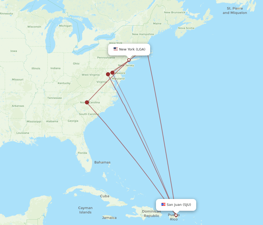 SJU to LGA flights and routes map