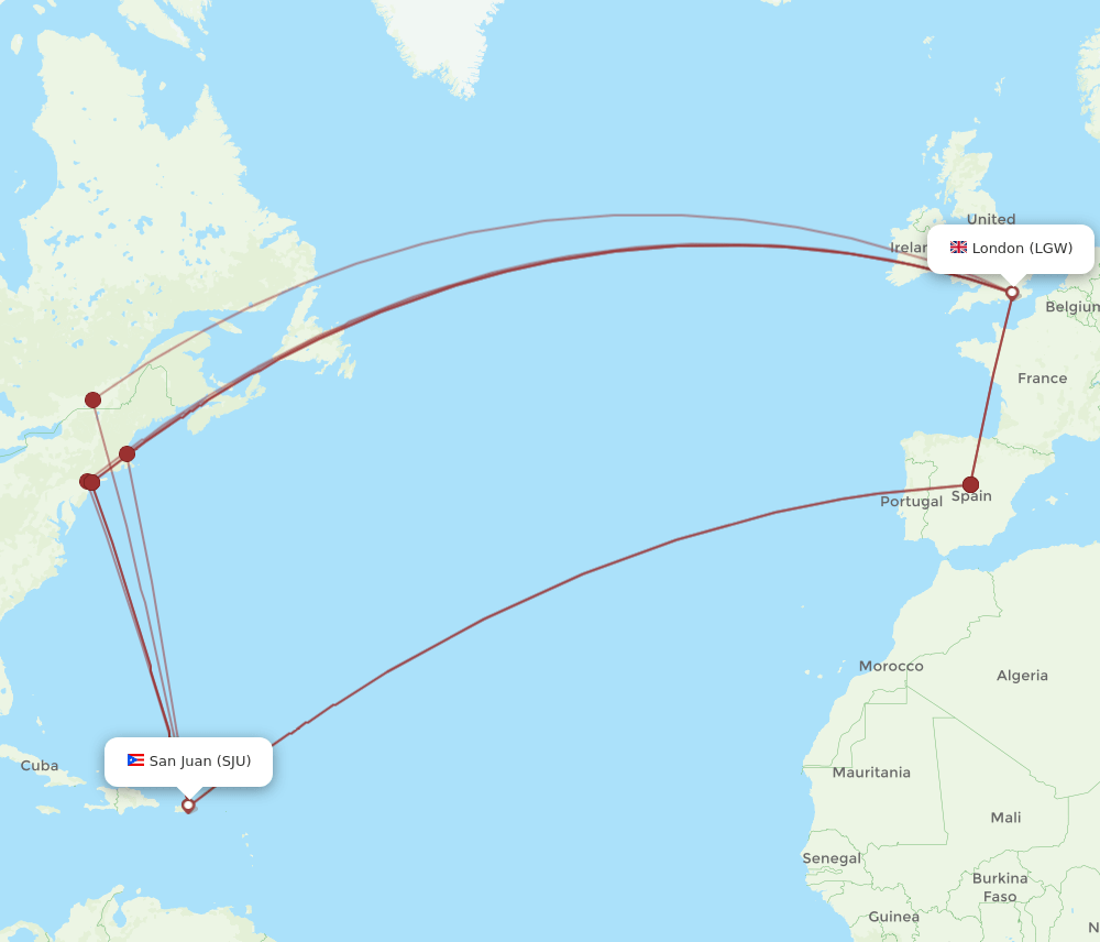 SJU-LGW flight routes