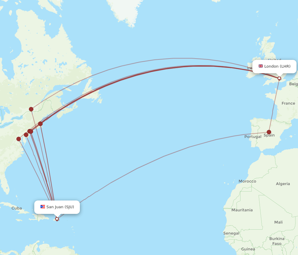 SJU to LHR flights and routes map