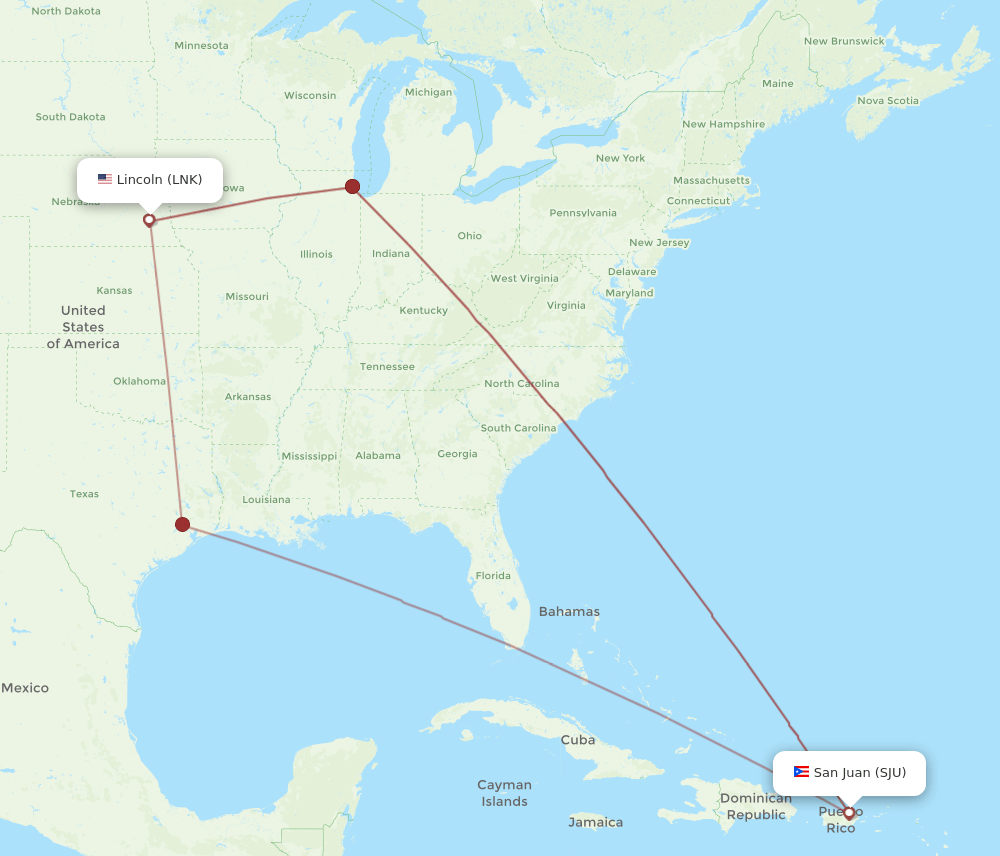 SJU to LNK flights and routes map