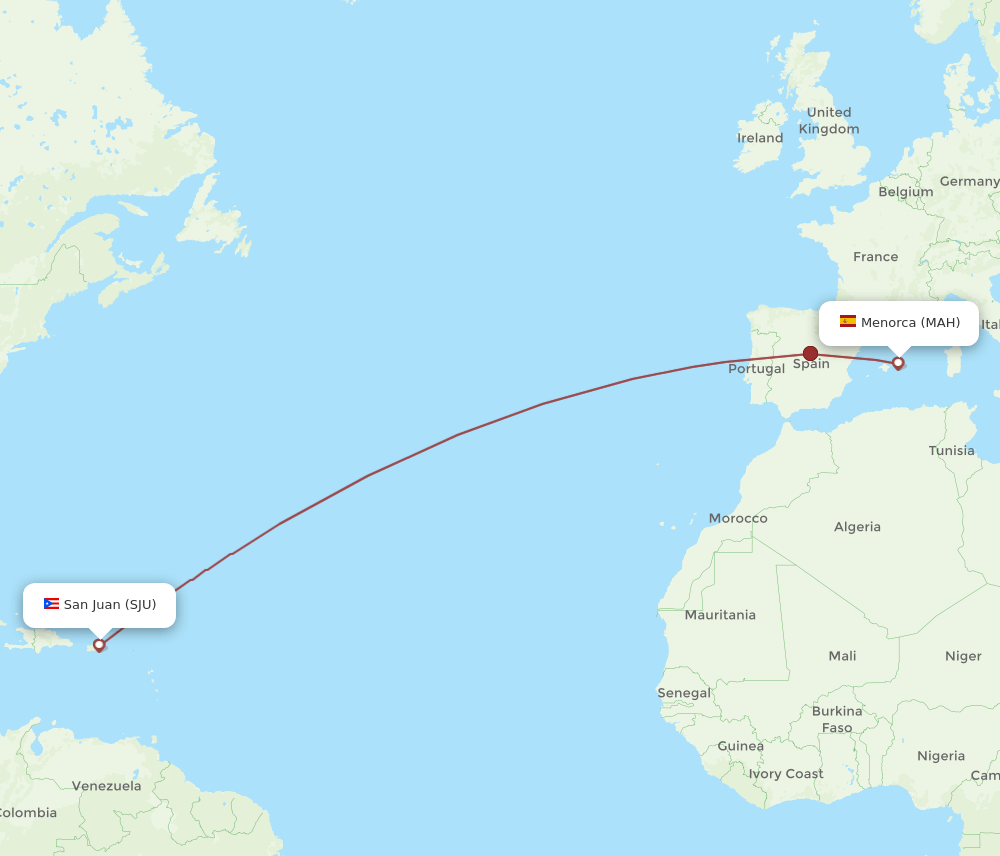 SJU to MAH flights and routes map
