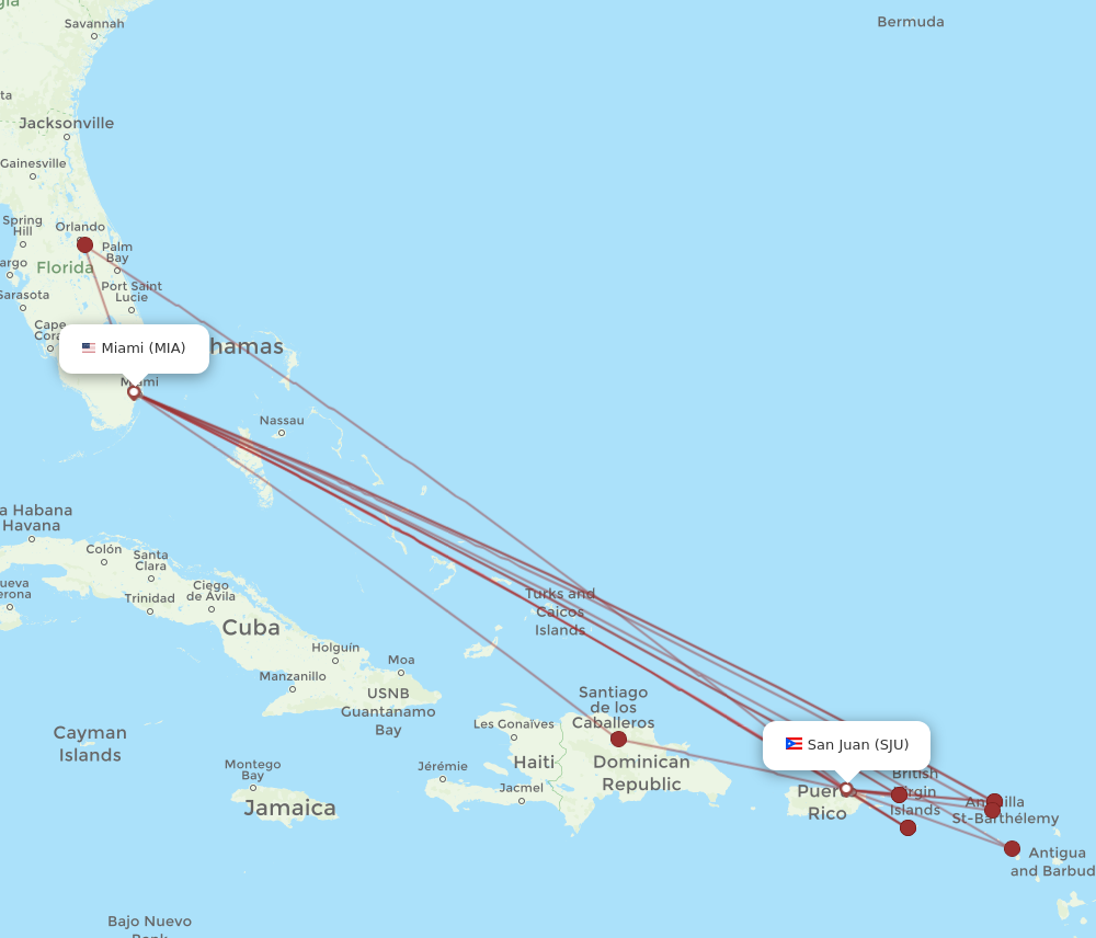 SJU to MIA flights and routes map