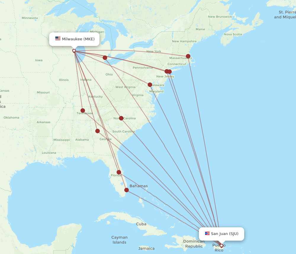 SJU to MKE flights and routes map