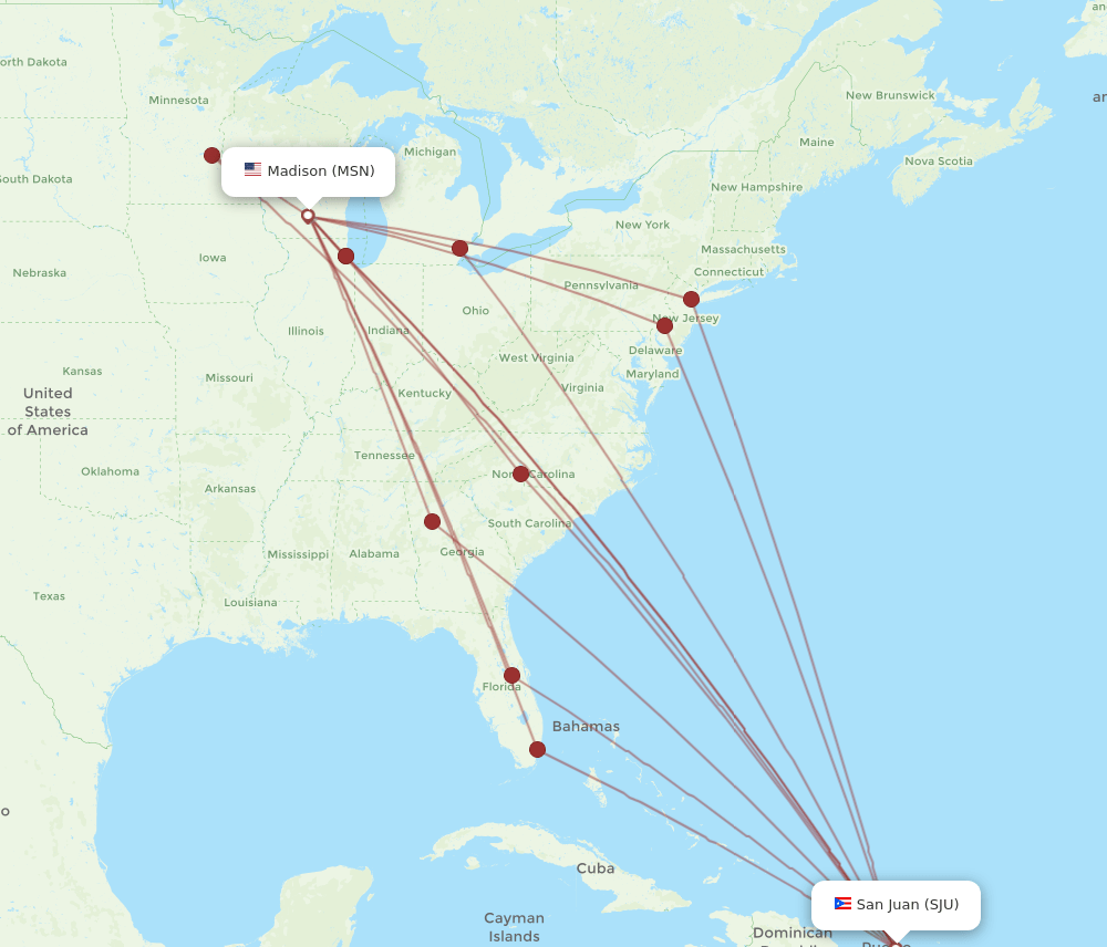 SJU to MSN flights and routes map