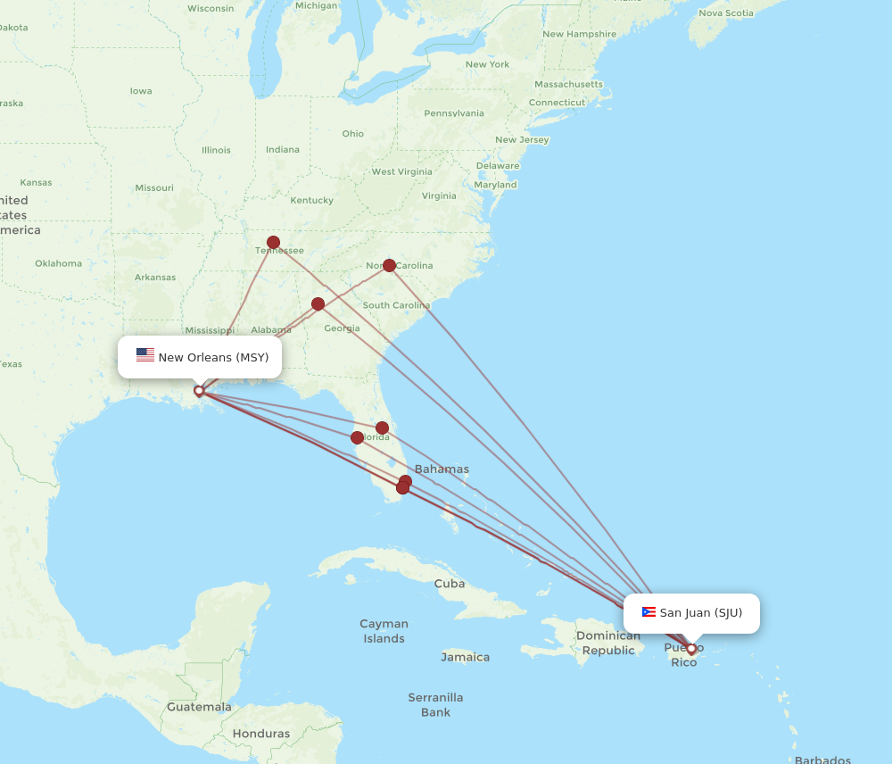SJU to MSY flights and routes map