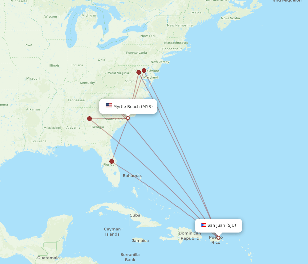 SJU-MYR flight routes