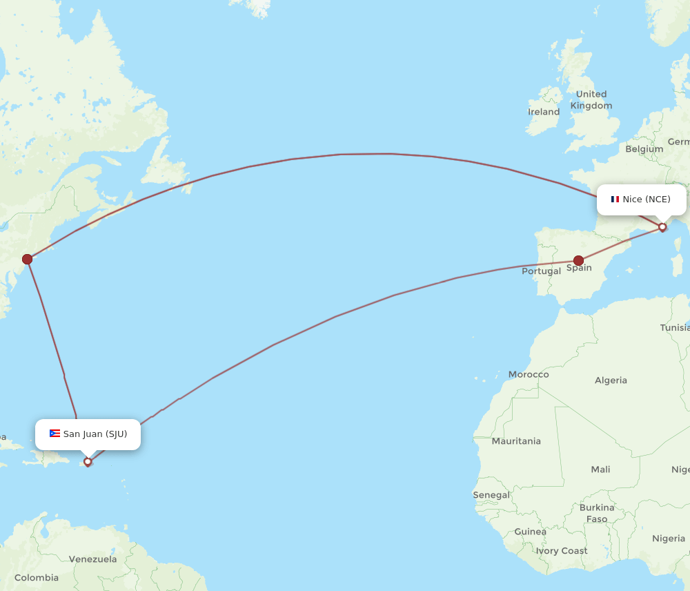 SJU to NCE flights and routes map