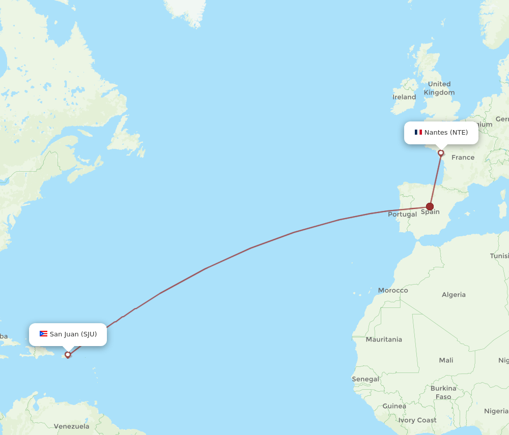 San Juan - Nantes route map and flight paths