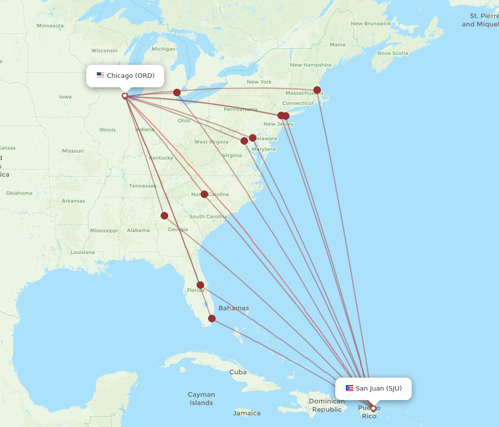SJU to ORD flights and routes map