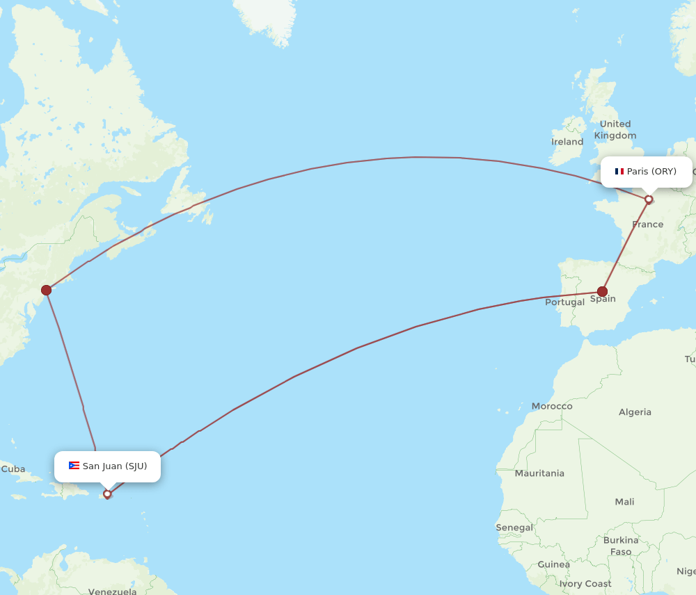 SJU to ORY flights and routes map