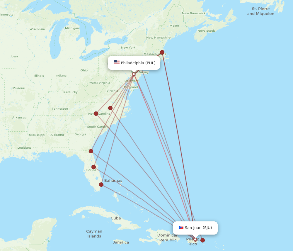 SJU to PHL flights and routes map