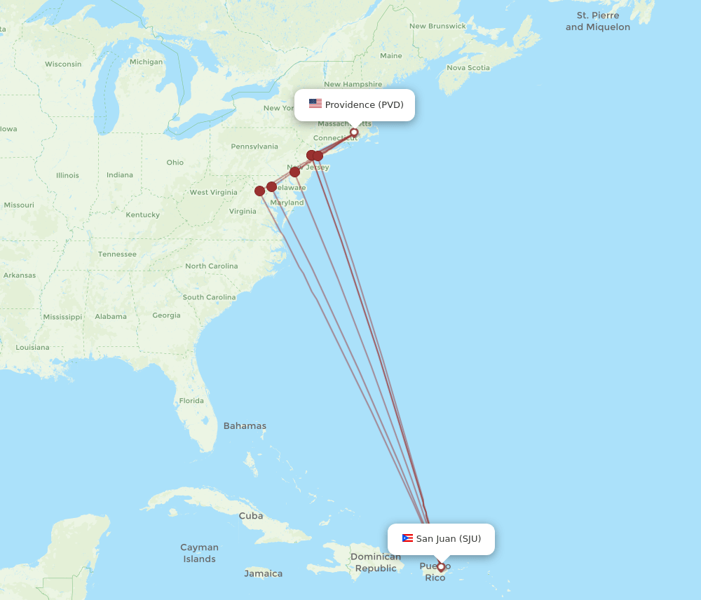 SJU to PVD flights and routes map
