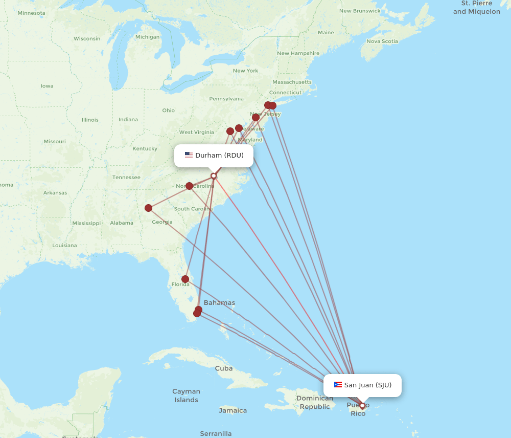 SJU to RDU flights and routes map