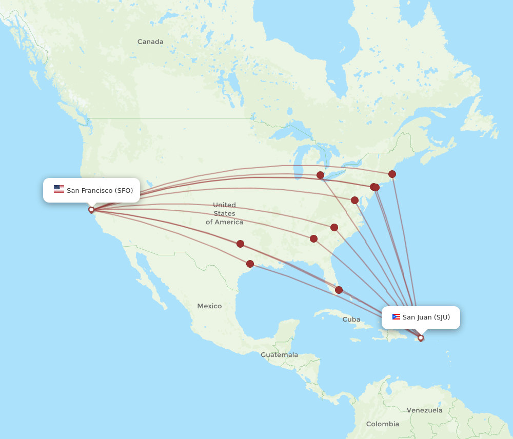 SJU to SFO flights and routes map