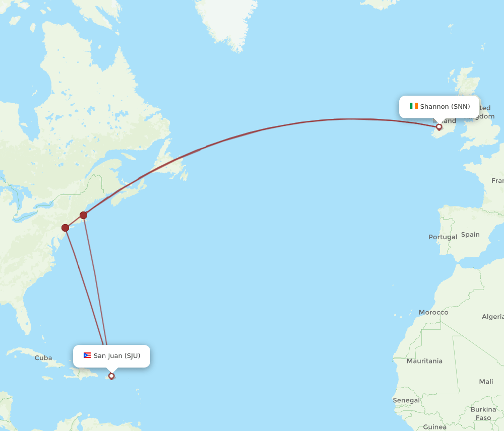 SJU to SNN flights and routes map
