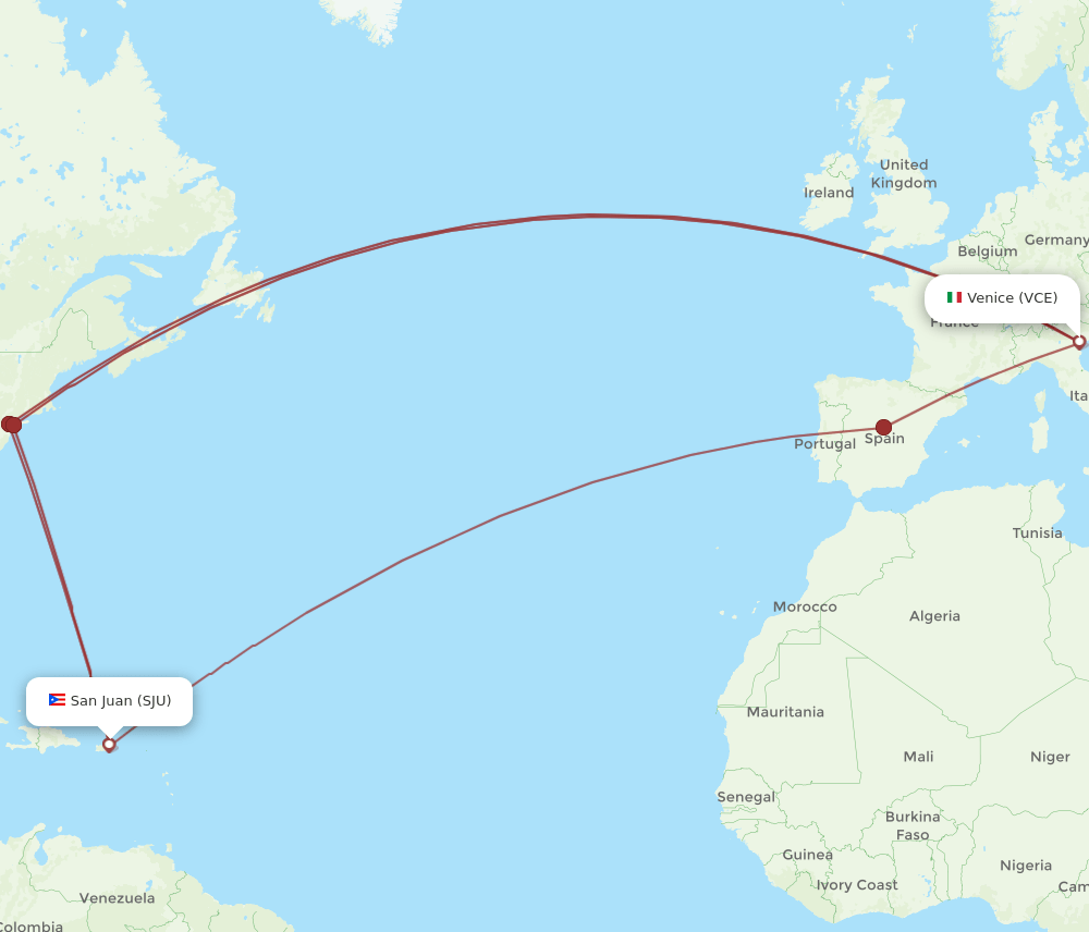 SJU to VCE flights and routes map