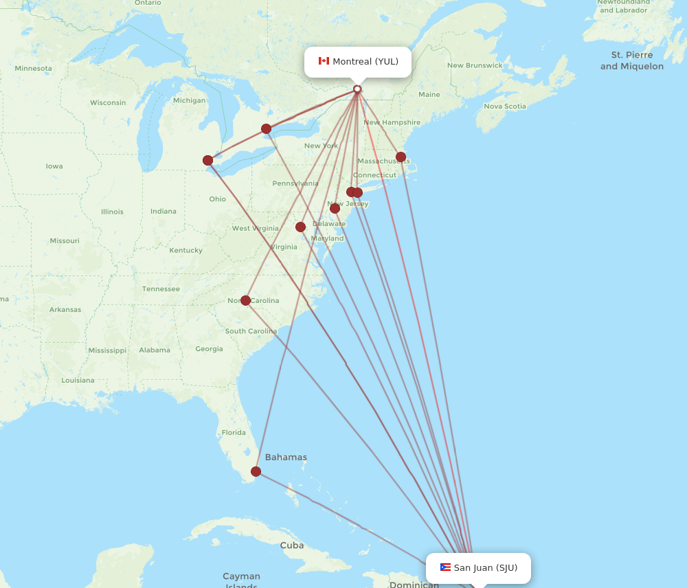 Montreal - San Juan route map and flight paths