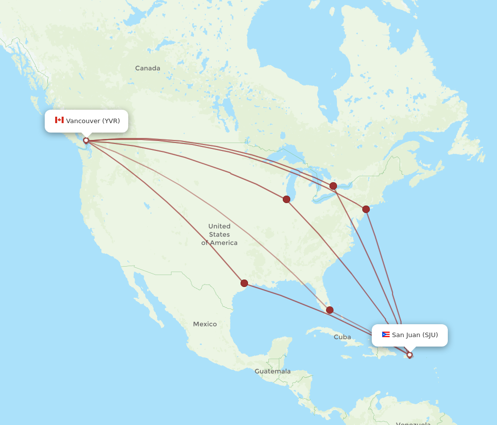 SJU to YVR flights and routes map