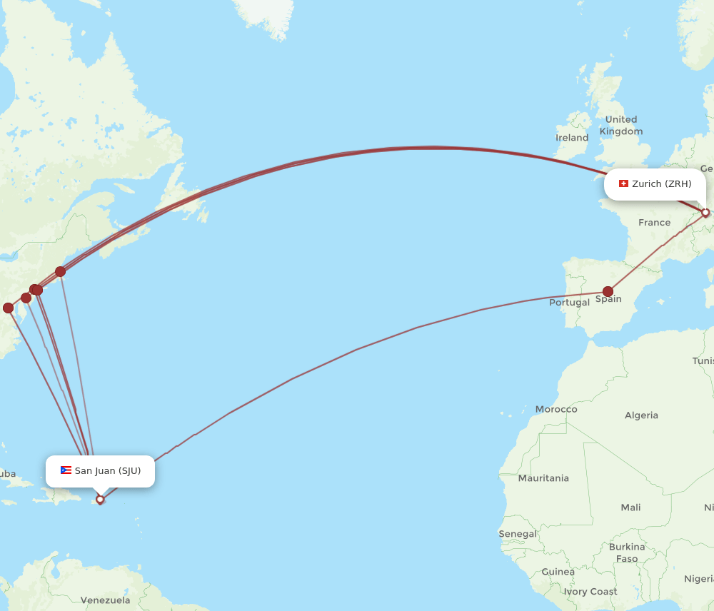 ZRH to SJU flights and routes map