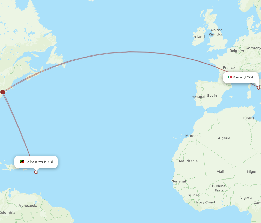 Rome - Saint Kitts route map and flight paths