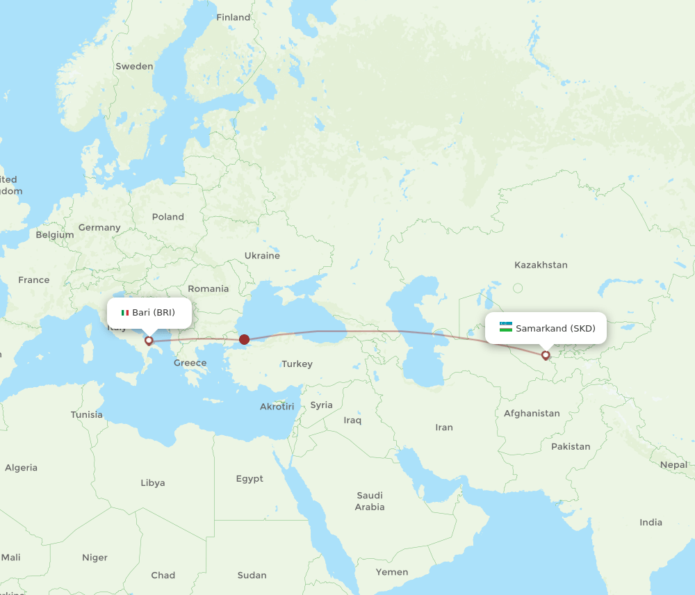 Bari - Samarkand route map and flight paths