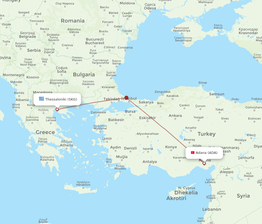 Thessaloniki - Adana route map and flight paths