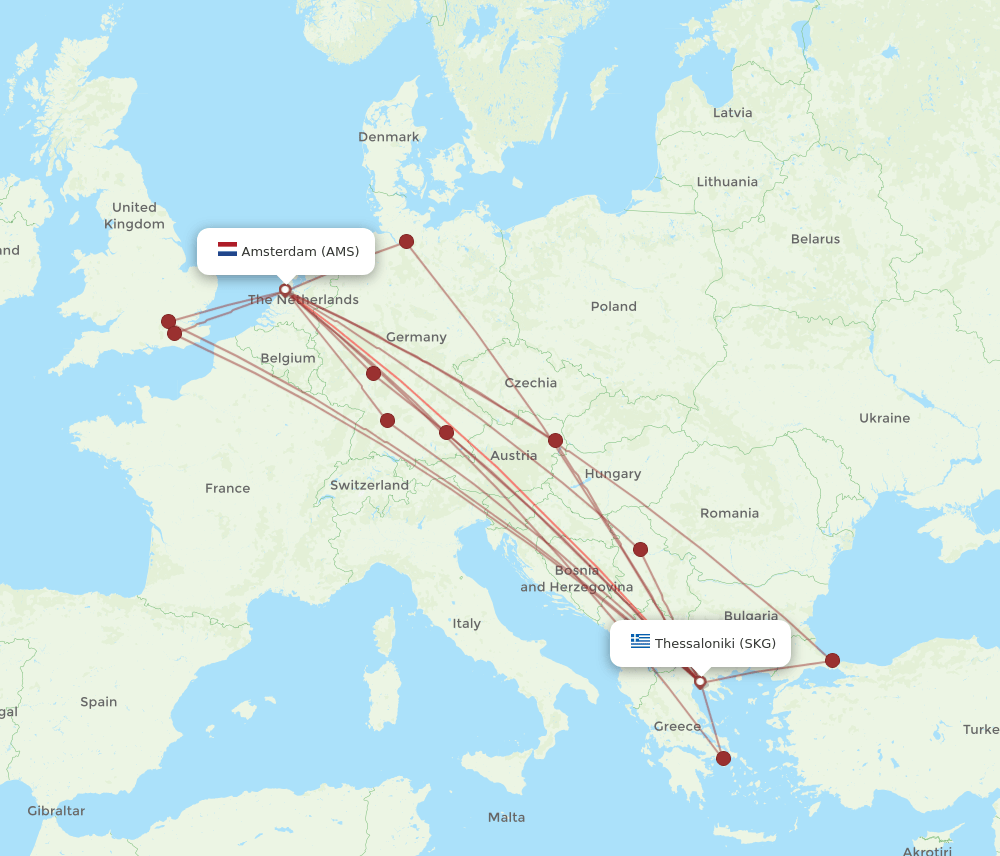 SKG-AMS flight routes