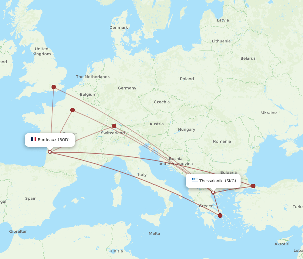 SKG to BOD flights and routes map