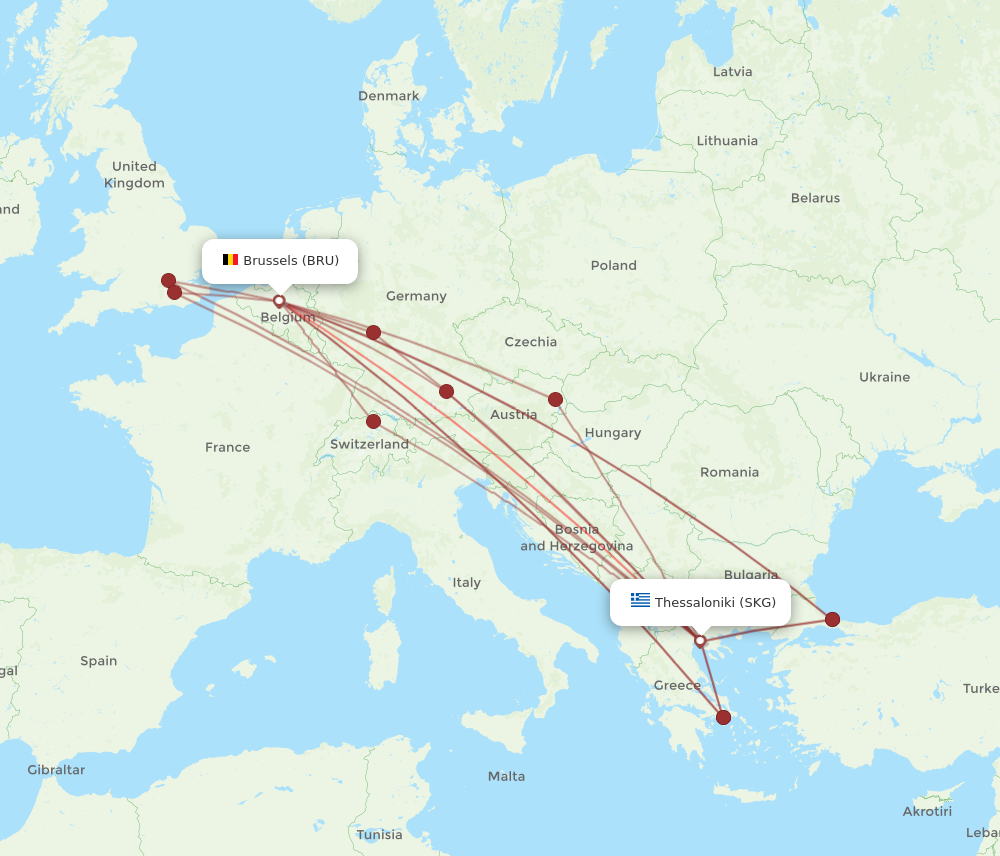 SKG to BRU flights and routes map
