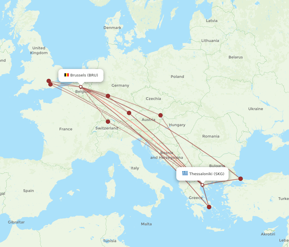 SKG to BRU flights and routes map