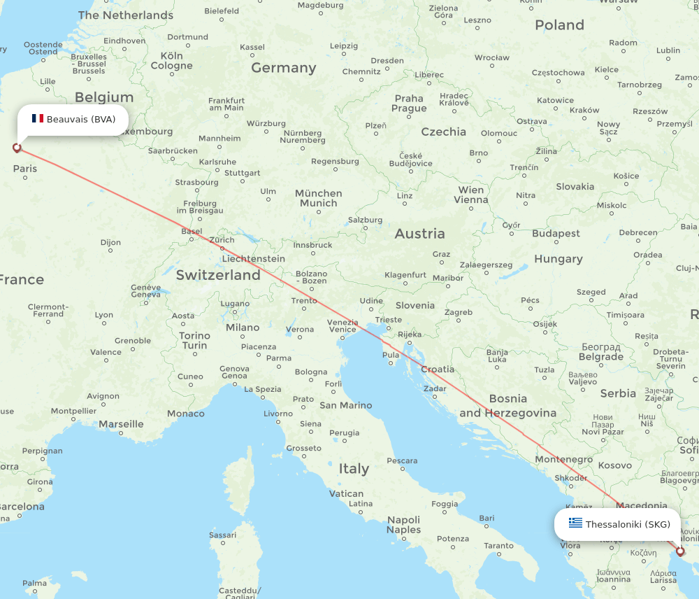 Thessaloniki - Paris route map and flight paths