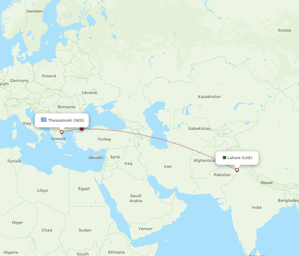 SKG to LHE flights and routes map