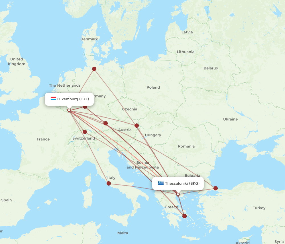 SKG to LUX flights and routes map