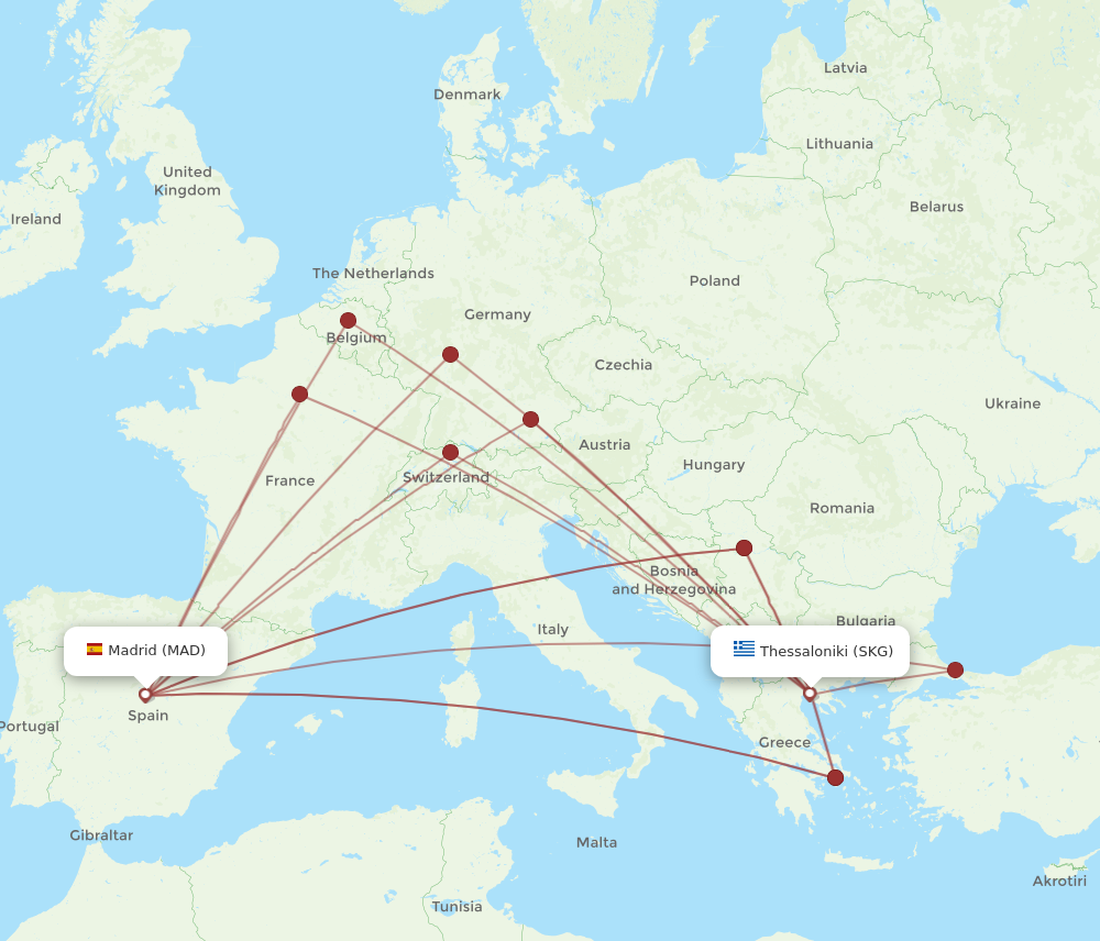 SKG to MAD flights and routes map