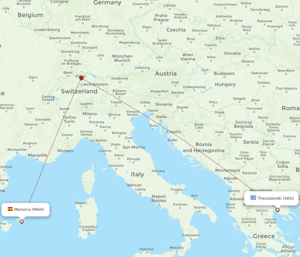 Menorca - Thessaloniki route map and flight paths