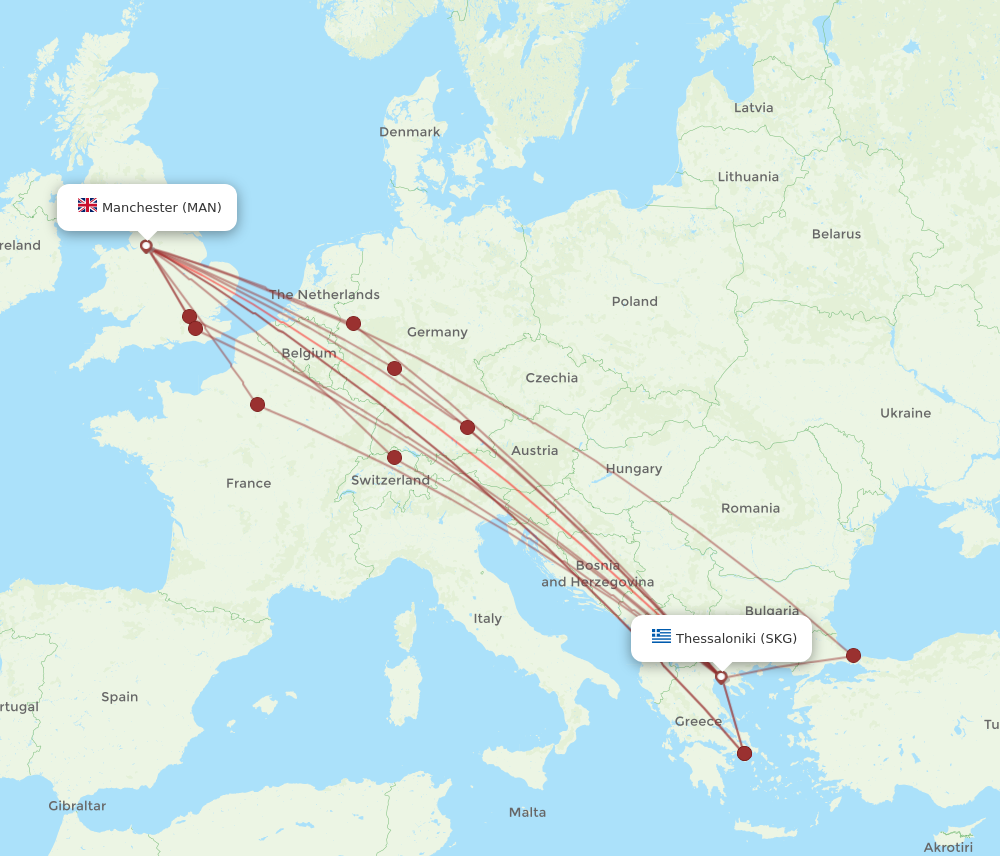 SKG to MAN flights and routes map