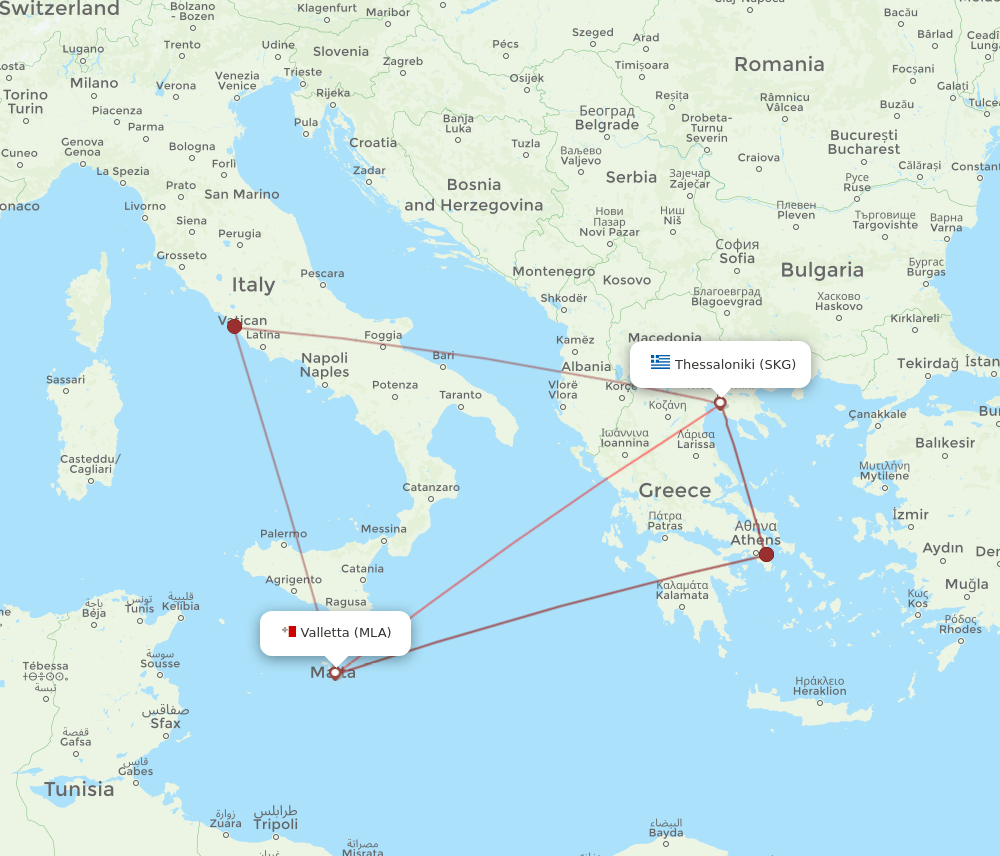 SKG to MLA flights and routes map
