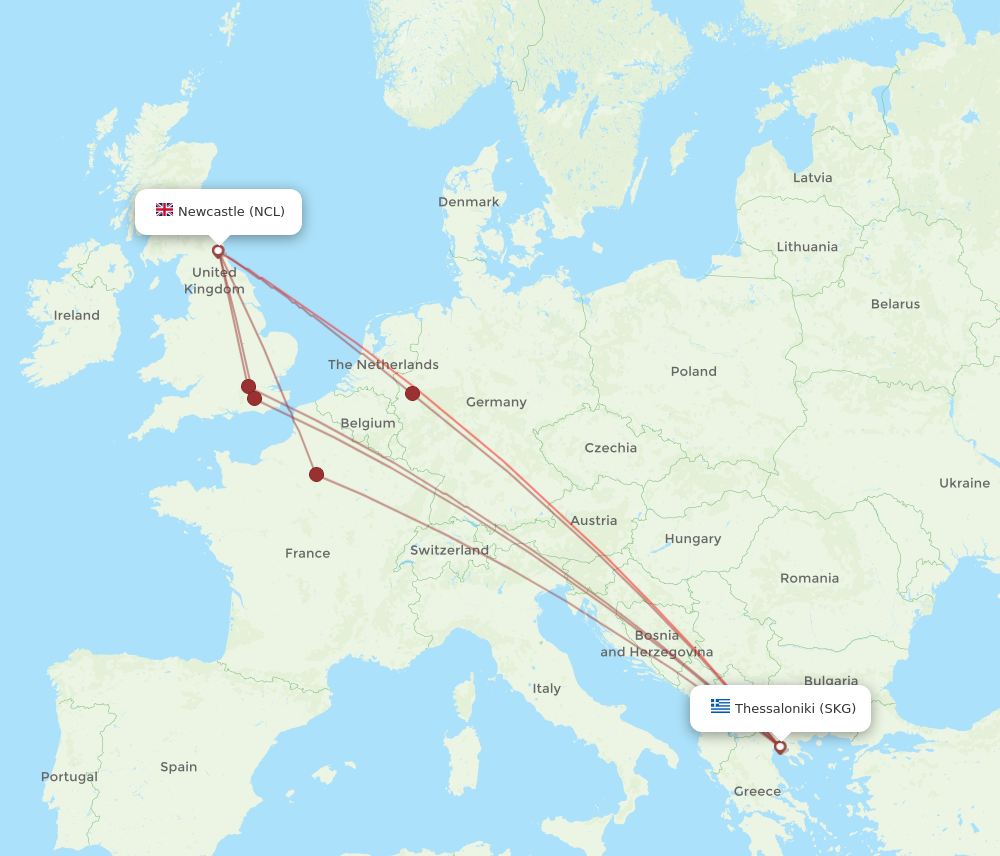 SKG to NCL flights and routes map