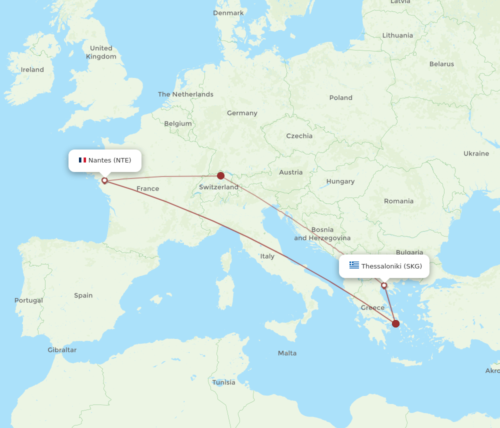 SKG to NTE flights and routes map