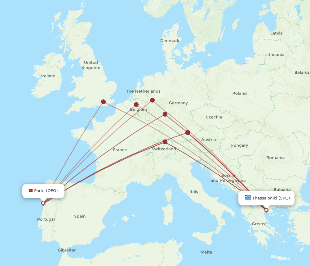 SKG to OPO flights and routes map