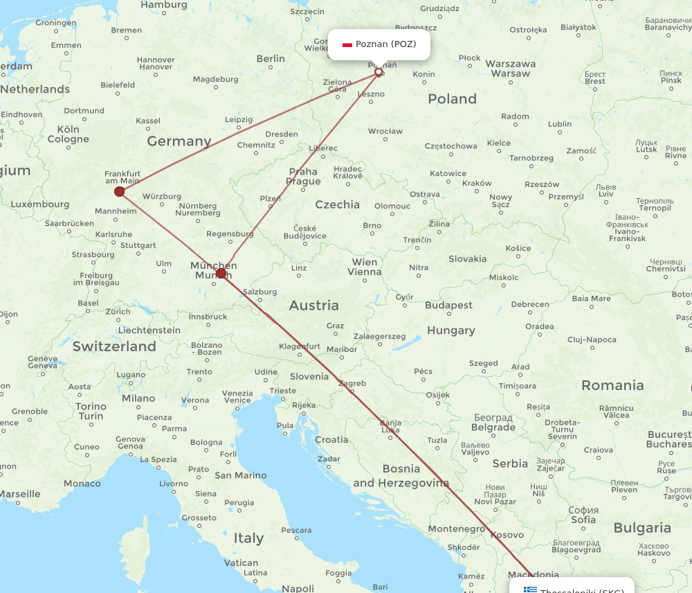 SKG to POZ flights and routes map