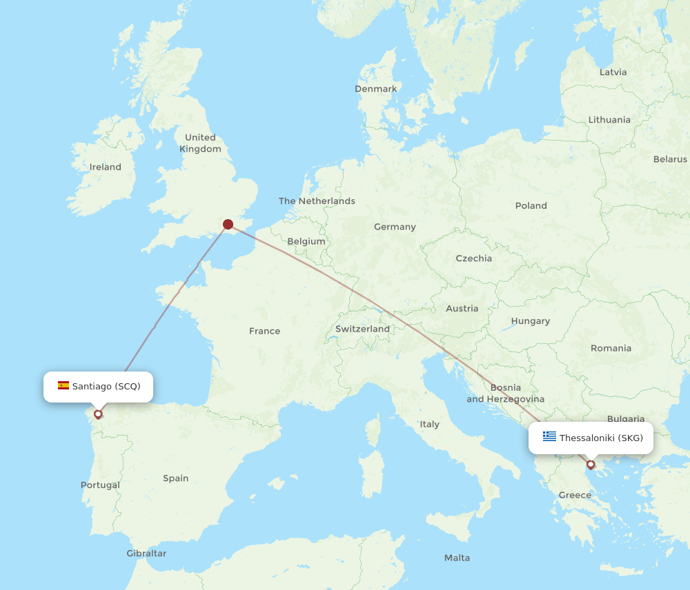 Santiago De Compostela - Thessaloniki route map and flight paths