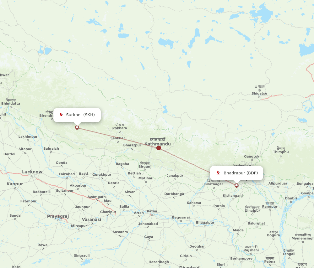 Bhadrapur - Surkhet route map and flight paths