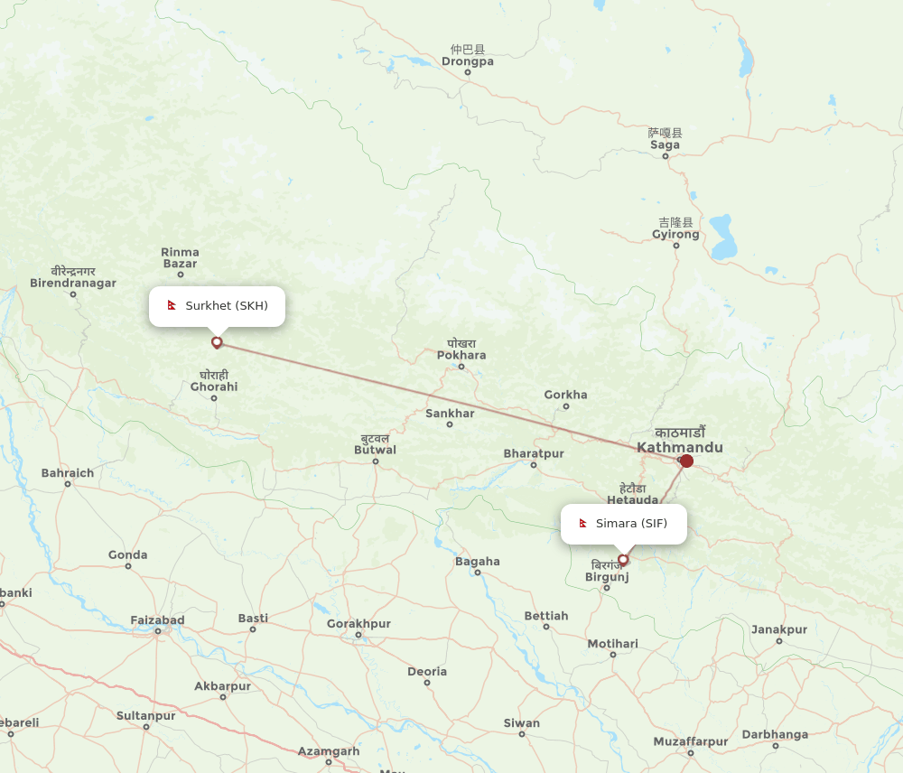 Simara - Surkhet route map and flight paths
