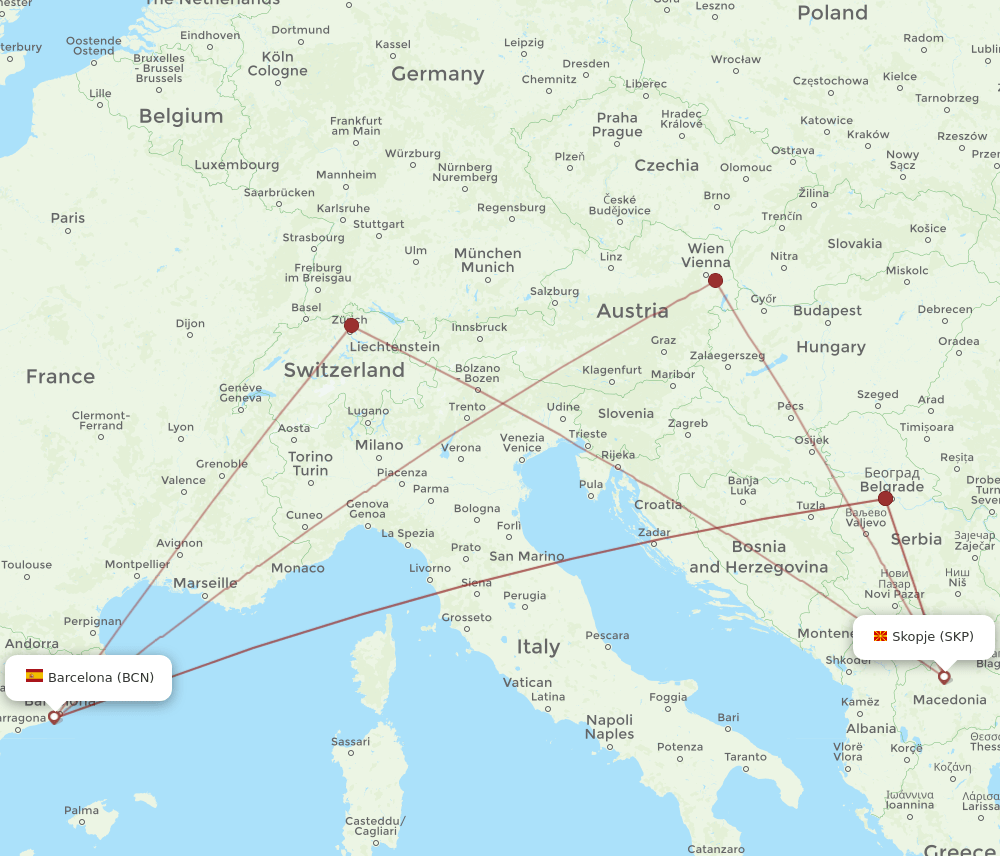 SKP-BCN flight routes