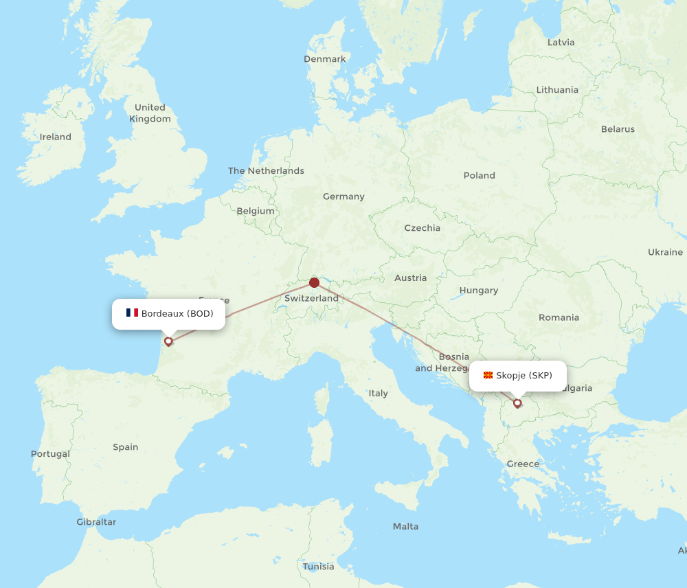 SKP-BOD flight routes