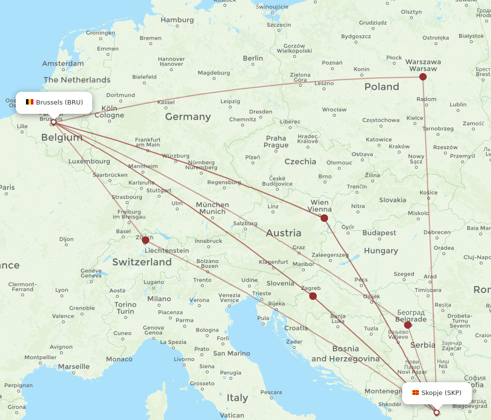 SKP-BRU flight routes