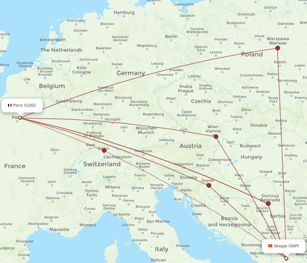 SKP-CDG flight routes