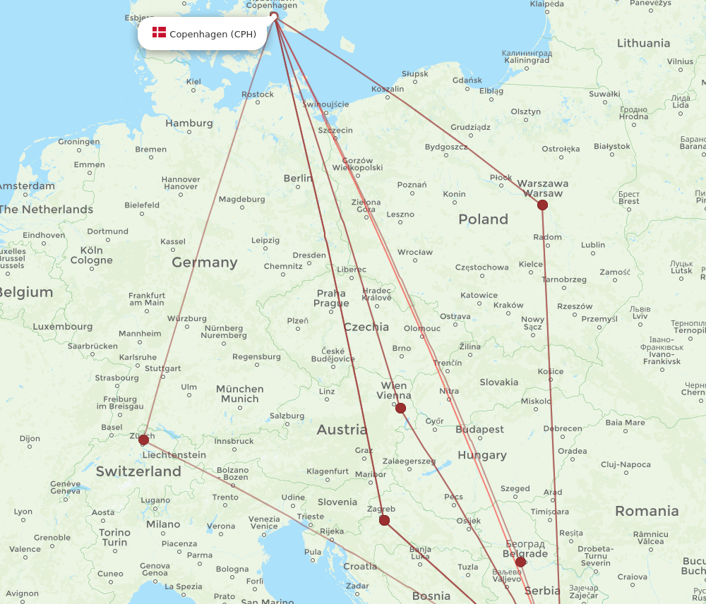 SKP to CPH flights and routes map